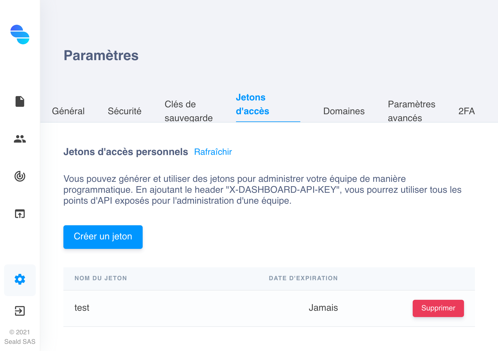 Page de création de Jetons d'accès personnels