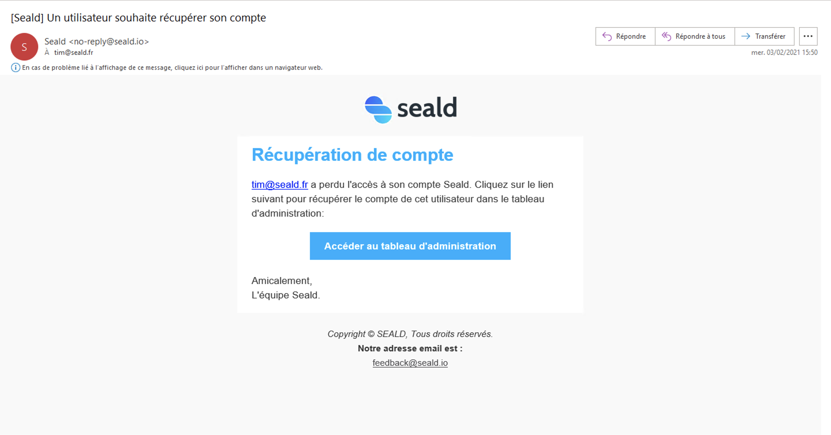 Notification d'un utilisateur en récupération